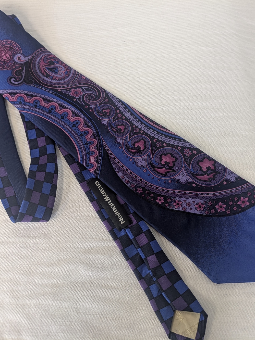 Gianni Versace For Neiman Navy Blue & Purple Paisley Silk Tie W/Checker Accent